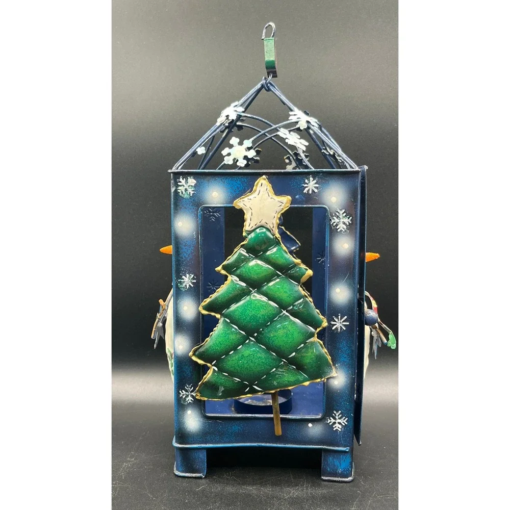 Blue Metal Christmas Lantern Snowman and Tree Holiday Tea Light Holder 11x4.5